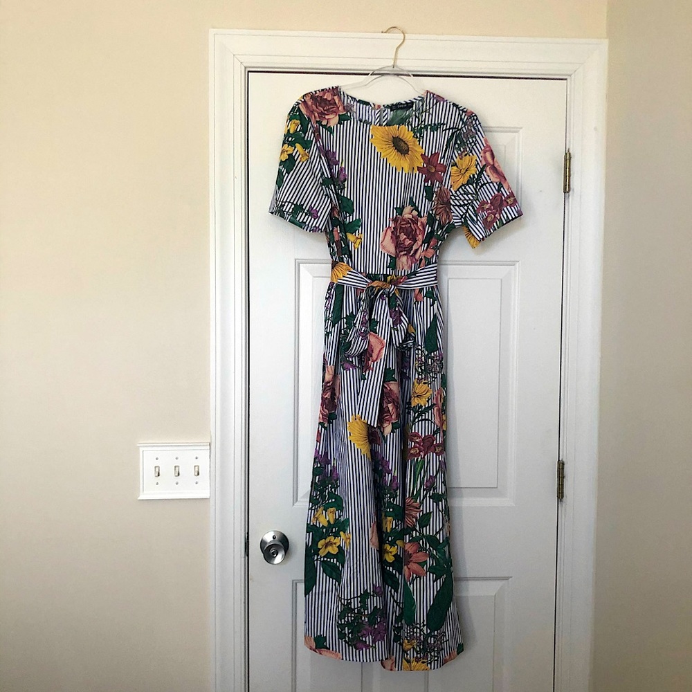 SheIn Striped and Floral Print Tie Waist Dress